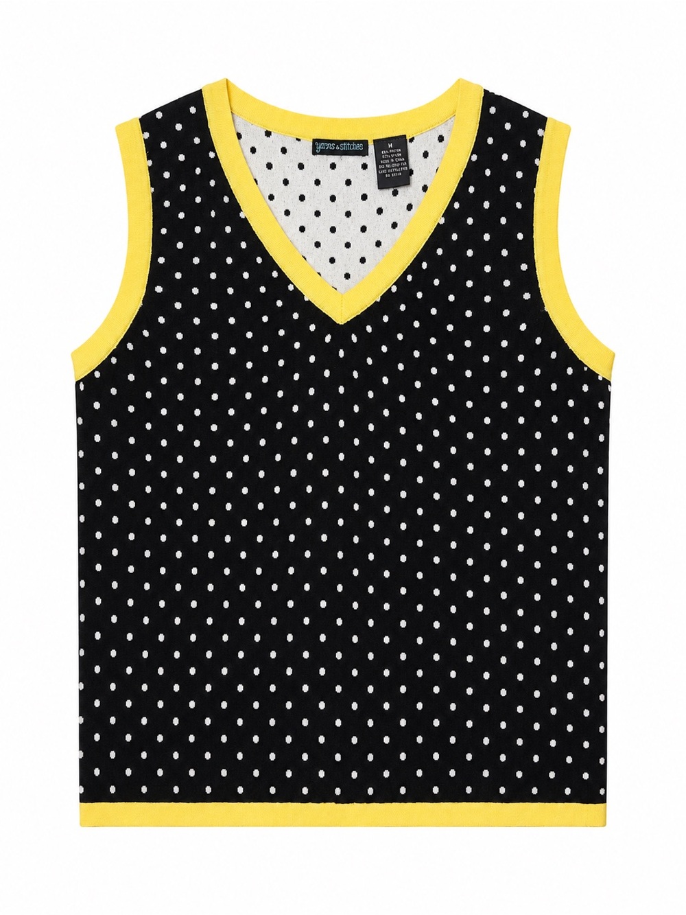 Yarns & Stitches Polka Dot Sweater Vest Black Yellow Retro Size M